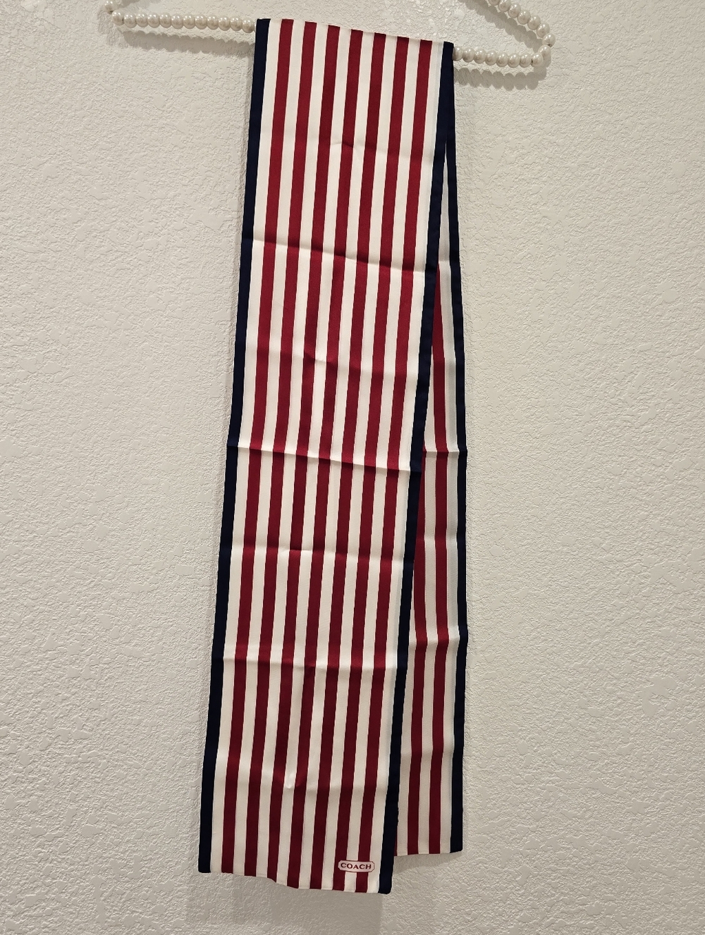 Coach 100% Silk Scarf Striped Red White Blue - Picture 4 of 7